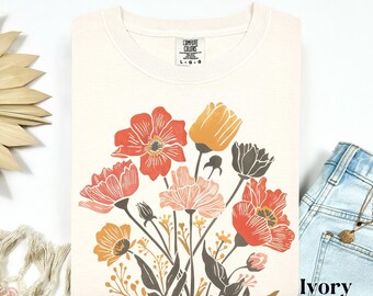 Camiseta de flores de acuarela, camiseta botánica floral vintage, camisetas con estampado de flores silvestres de Comfort Colors, camiseta de pradera, regalo de jardinería