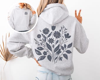 Wildflower Back Print Hoodie Pressed Flowers Preppy Aesthetic Linocut Floral Graphic Hoodie Cottagecore Sweatshirt Botanical Print Sweater