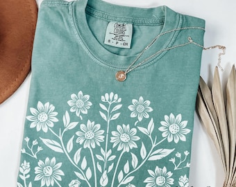 Camisetas con gráficos florales, camisetas con linograbado, camisetas con flores, camisetas vintage con estampado de flores silvestres en bloque, camisetas con estampado de jardín cottagecore, camisetas con sellos de xilografía de regalo