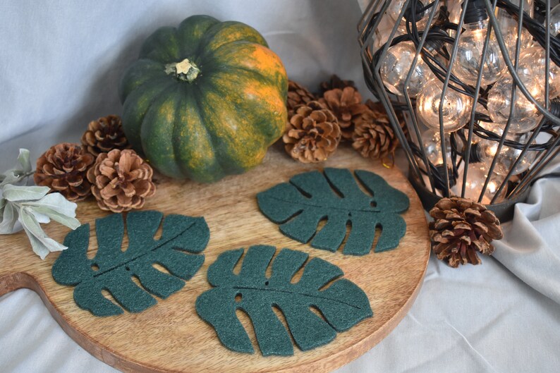 Set of Drink Coasters Green Felt Monstera Coaster Tropical Etsy