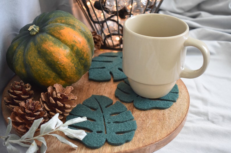 Set of Drink Coasters Green Felt Monstera Coaster Tropical Etsy