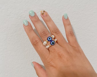 Evil Eye Pearl Ring - Evil Eye Ring - Pearl Ring - Cute Ring