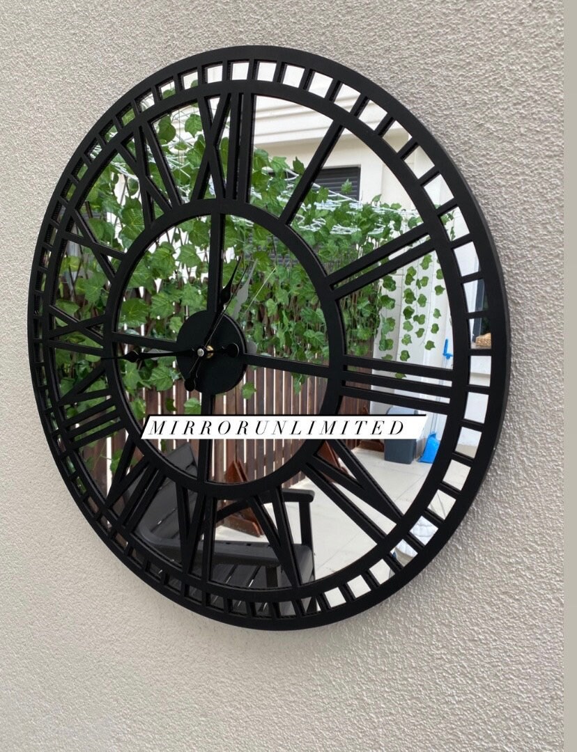 Black Large Wall Clock Real Mirror Clock Black colored Etsy