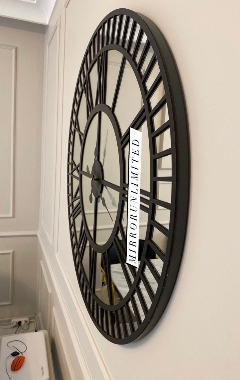 Black Large Wall Clock Silver Mirror Wall Clock Real Mirror Etsy