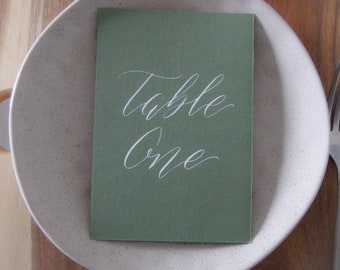 Green Table Number Cards | Card Holder Stand | Modern Calligraphy | Handwritten | Events | Weddings
