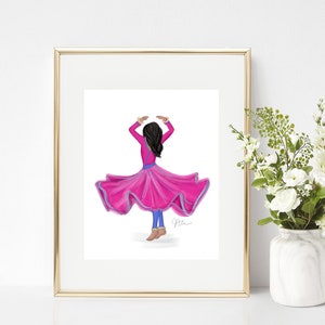 DIGITAL DOWNLOAD: Kathak Dancer Dark Brunette/Black Hair in Straight or Curly Hair Girl Printable, PDF illustration, instant download