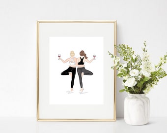 DIGITAL DOWNLOAD: Yoga With Friends Tree Pose, Yoga and Wine Brunette and Blonde Girls Printable, PDF illustration, instant download