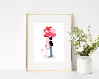 DIGITAL DOWNLOAD: Valentines Couple with Balloons Printable, PDF illustration, instant download