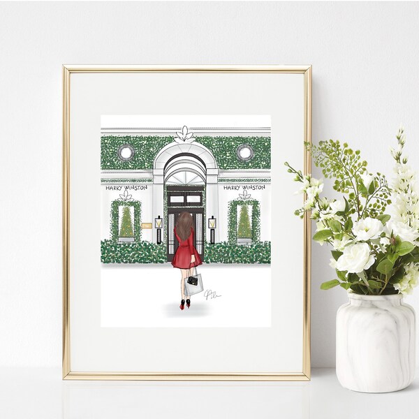 DIGITAL DOWNLOAD: Christmas on Fifth Avenue Harry Winston Window Brunette Girl Printable, PDF illustration, instant download