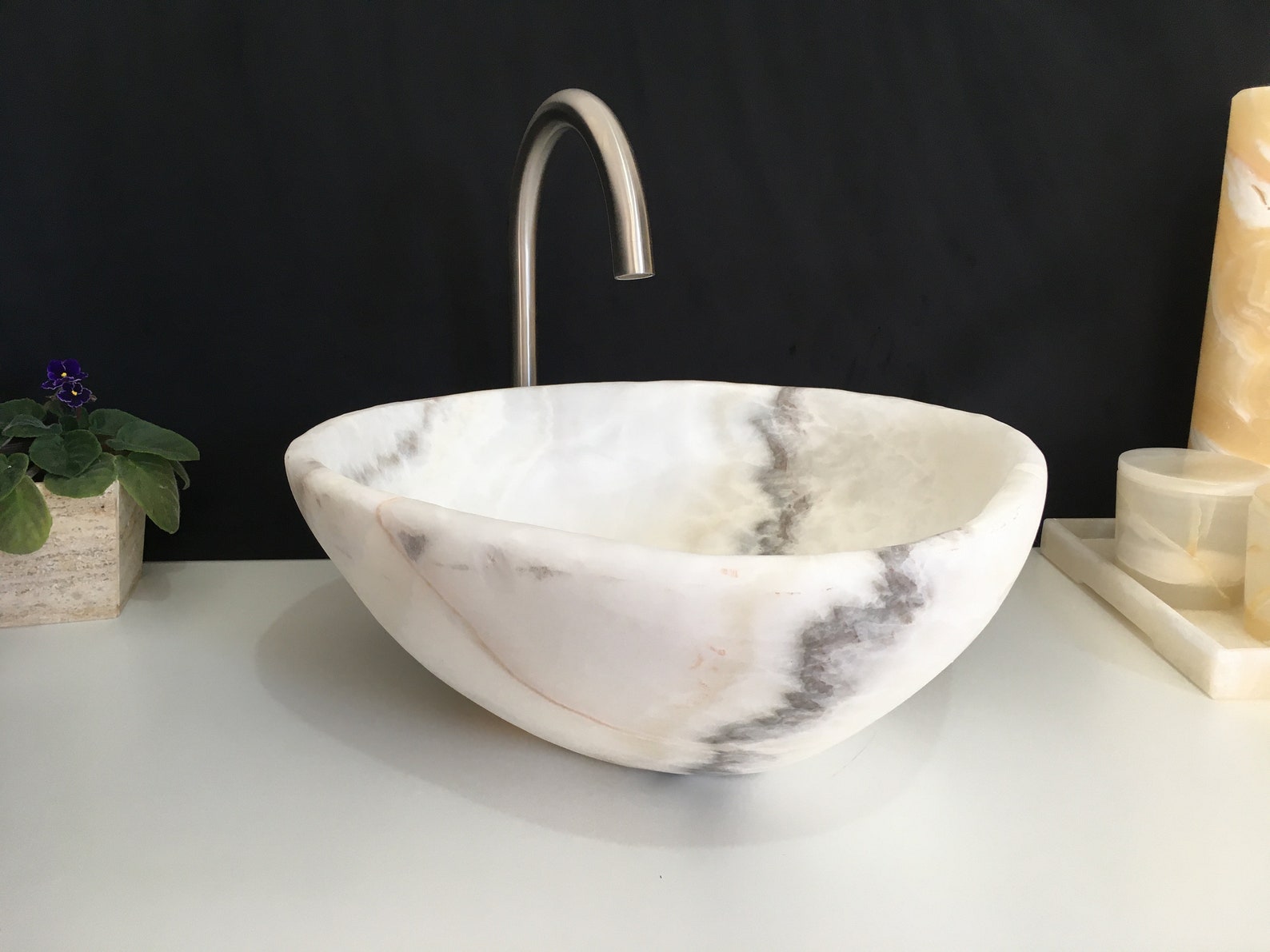 White Onyx Stone Bathroom Vessel Sink Matte Finish Bathroom Etsy