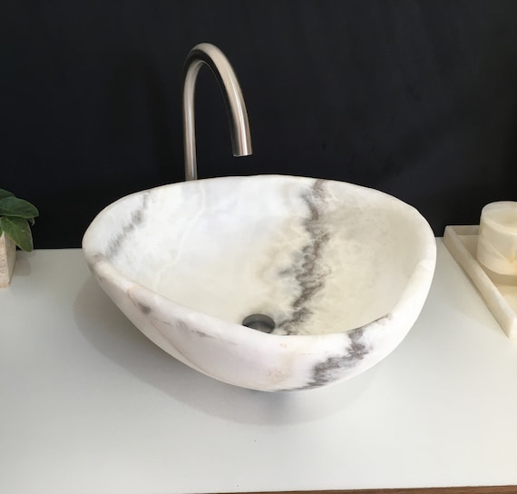 White Onyx Stone Bathroom Vessel Sink Matte Finish Bathroom Etsy