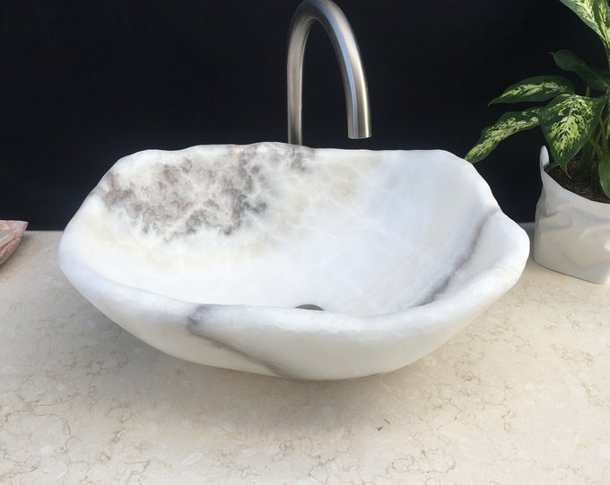 White Onyx Stone Bathroom Vessel Sink Matte Finish Bathroom Etsy