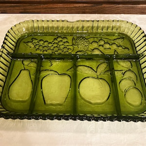 Vintage Indiana Glass Rectangle Green Divided Relish Glass Serving Dish Fruit Motif With Box