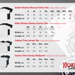 May include: A size chart for apparel featuring four categories: Adult Unisex Heavy Cotton Tee, Kids Unisex Heavy Cotton Tee, Infant Fine Jersey Tee, and Infant Fine Jersey Bodysuit. Each section lists width and length measurements in inches.