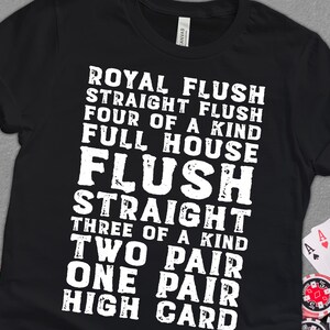 May include: Black t-shirt with white text listing the poker hand rankings from Royal Flush to High Card.
