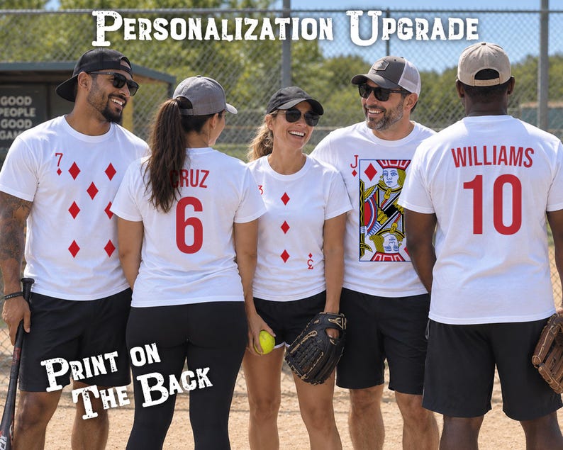 May include: Five white t-shirts featuring custom playing card designs and sports jersey-style lettering. The shirts display red diamond suits, numbers, a Jack of Diamonds graphic, and names like Cruz and Williams printed in red on the back.