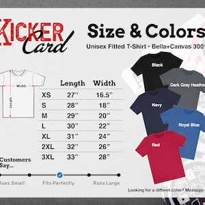 May include: Size chart for a unisex fitted t-shirt, Bella+Canvas 3001. The chart shows the length and width in inches for sizes XS to 3XL. The t-shirt is available in black, dark gray heather, navy, royal blue, and red.