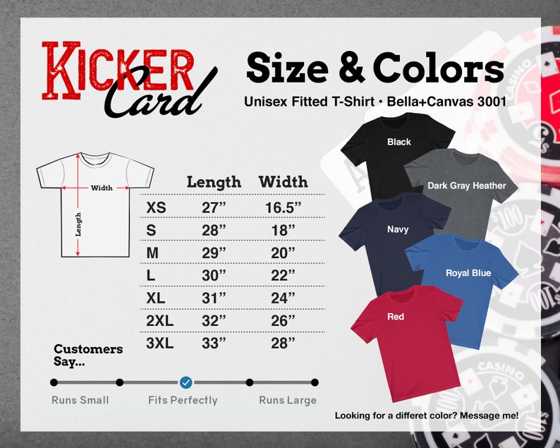 May include: Size chart for a unisex fitted t-shirt, Bella+Canvas 3001. The chart shows the length and width in inches for sizes XS to 3XL. The t-shirt is available in black, dark gray heather, navy, royal blue, and red.