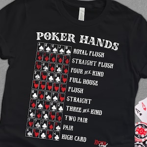 May include: Black t-shirt with a white graphic of a poker hand chart listing the different poker hands from Royal Flush to High Card. The chart includes the card suits and numbers.