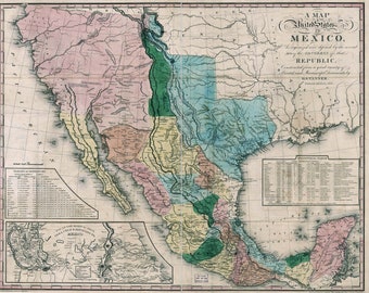 Republic of Mexico map from 1846 showing parts of the United States of today - Reproduction Print on paper or canvas/fabric