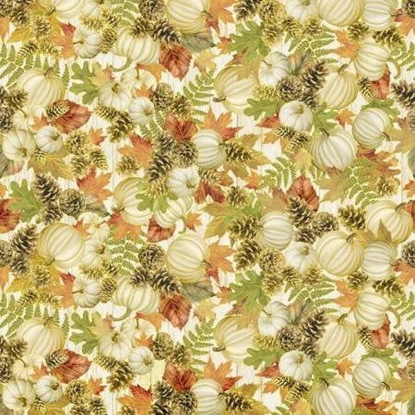 White Pumpkin Fabric, Pinecone Bouquets, Metallic fabric, Harvest-CM8522, Cream, Timeless Treasures