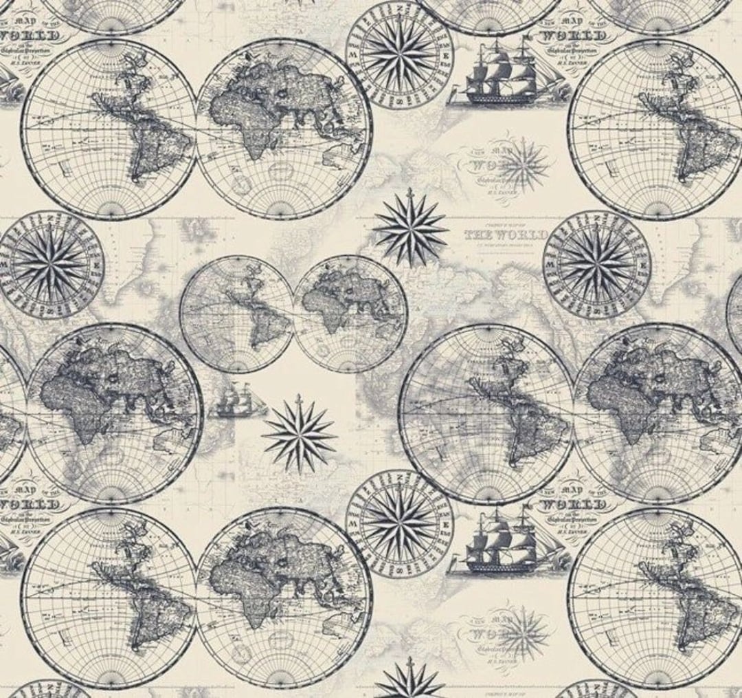 Nautical Map Fabric, Old World Map Fabric, David Textiles, DATCA3135