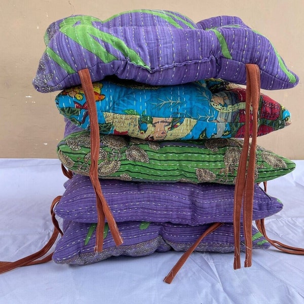 Assorted Indian Handmade Vintage kantha Chair Cushions With Ties, Soft Chair Pads, Indoor Floor Cushion, CUSTOMIZED kantha chair Pad