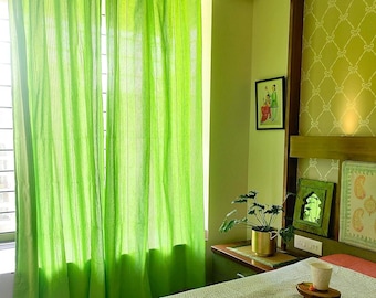 Handmade Solid Green Cotton Curtain for Long Doors and Windows with Eyelets, Solid Green, Pack Of 2  Living Room, Bedroom, Home Decoration