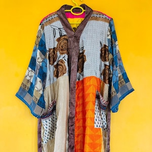 Set of 2 Silk Kimono Robes: Floral Patchwork, Recycled Sari Fabric