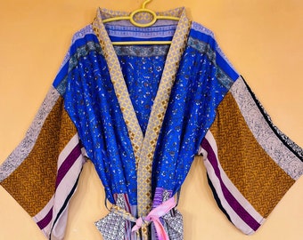 Blue Silk Saree Kimono Indian silk sari kimono, Silk kimono cardigan. Kimono dress vintage silk sari robes Handmade Silk Robe, Gift For Her