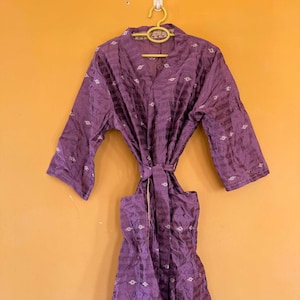 Recycled Silk Saree Kimono Robe: Purple Patchwork Kimono