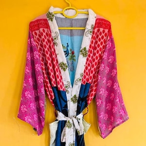 Lot Of 5 Pcs Assorted  Vintage Silk Sari Short robe Nightwear kimono Bathrobe Sleepwear Gown, Indian Patchwork Handmade Robe, gift For her