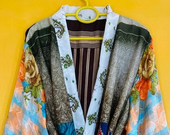 Assorted Indian Vintage Saree Silk Short Patchwork Kimono Cardigan Robe, Blue Paisley , Robe For Women, Vintage Art Silk Dress, Gift
