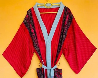 Red Silk Kimono Cardigan Dress anniversary gift, Dressing gown, Vintage kimono, Bridesmaid robes,Bridal Robe,kimono Long  silk boho Robe