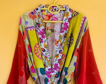 Patchwork Sleepwear Kimono Robe, Silk Dressing Gown,Vintage  Silk Robe, Bridesmaid Robe, Silk Kimono, Boho Kimono, Ladies Dressing Gown