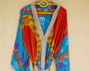 Assorted multicolor hot Color Lightweight silk saree kimono robe vintage silk kimono women/man kimono kimono robe Floral kimono Robe
