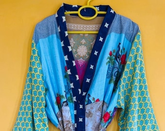 ASSORTED Vintage Boho Silk Kimono, Recycled Silk Sari Kimono Robe, Patchwork Silk Robe, Night Wear,Beach Wear, Bikini Cover Up, Gift for her