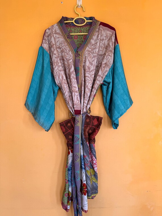 Patchwork Silk Kimono Duster: Beige Boho Robe, Vi… - image 4