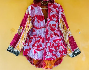 Handmade Vintage Kantha Coat – Patchwork Hoodie  Boho Jacket for Women