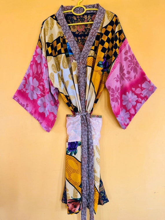 Vintage Silky Sari Boho Kimono Regal House Robe Lo