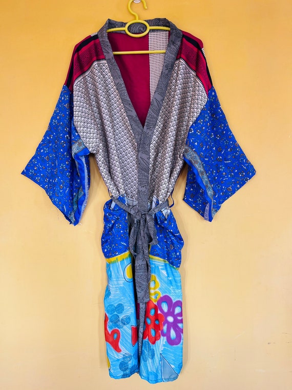Boho Silk Saree Kimono Robe, Recycled Silk Sari K… - image 1
