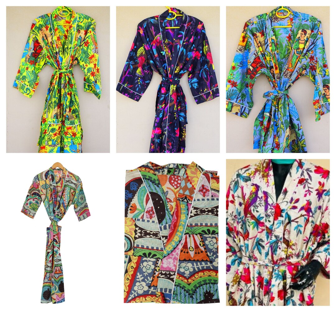 100% Cotton Israel Print Robes, Hand Stitched Kantha Kimonos, Bathrobe ...