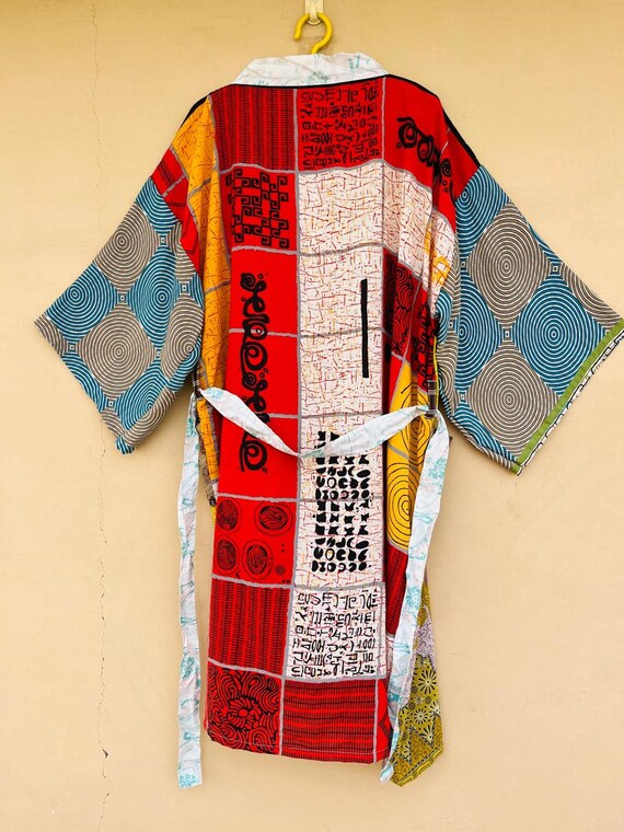 Yellow and Red Vintage Silk Sari Boho Kimono Old … - image 4