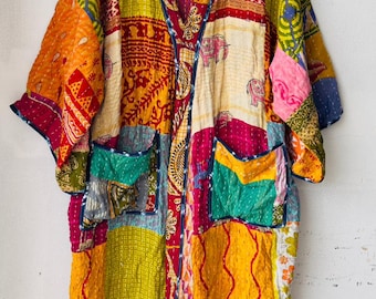 Bohemian Kantha Cotton Kimono | Vintage Indian Patchwork Recycled Fashion