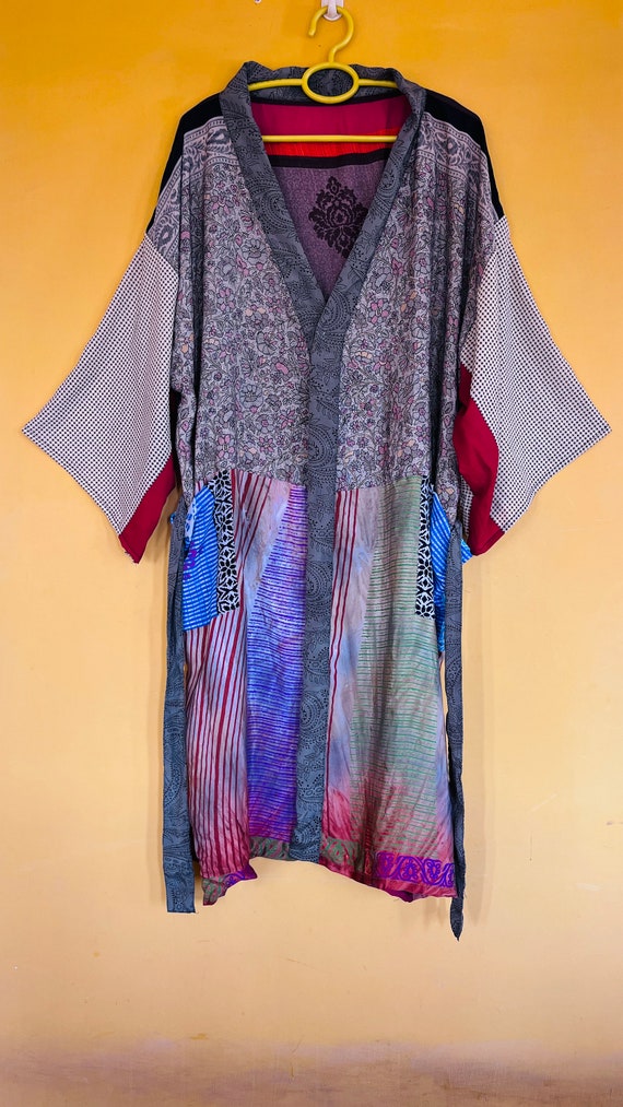 Patchwork Short Silk Saree Kimono Robe Boho Kimon… - image 4