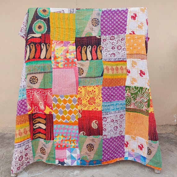 Handmade Indian Silk Kantha Quilt - Vintage Patchwork Bedspread Throw, 60x90 Inches, Dry Clean Only