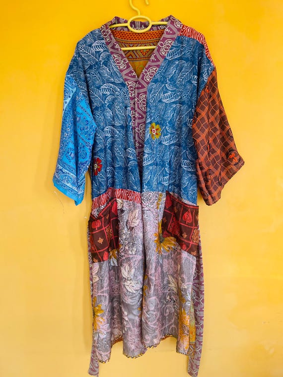 Patchwork Short Robe: Upcycled Silk Saree Kimono,… - image 2