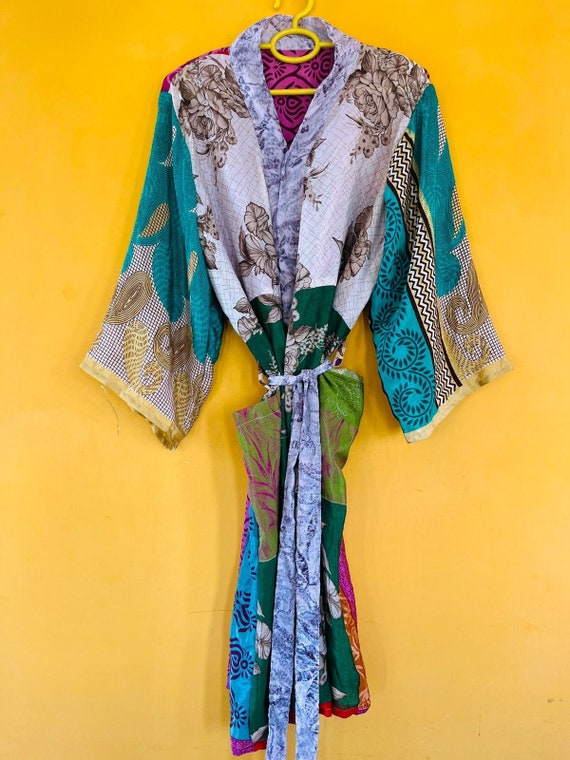 Vintage Boho Silk Kimono Robe: Patchwork Sari, Be… - image 5