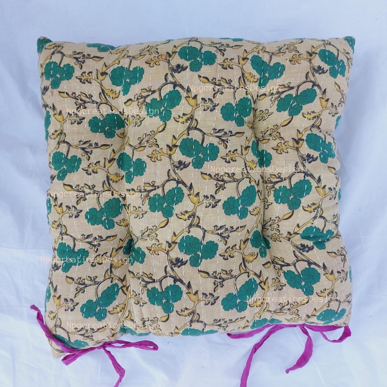 Handmade Kantha Chair Cushion with Ties: 100% Cotton Seat Pad image 3