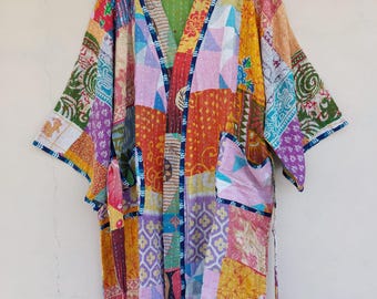 Handmade Kantha Quilted Kimono Robe: Patchwork Cotton, Bohemian Style assorted patchwork